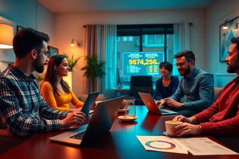 Community discussion on safe betting practices with 토토스토리 in a modern office.