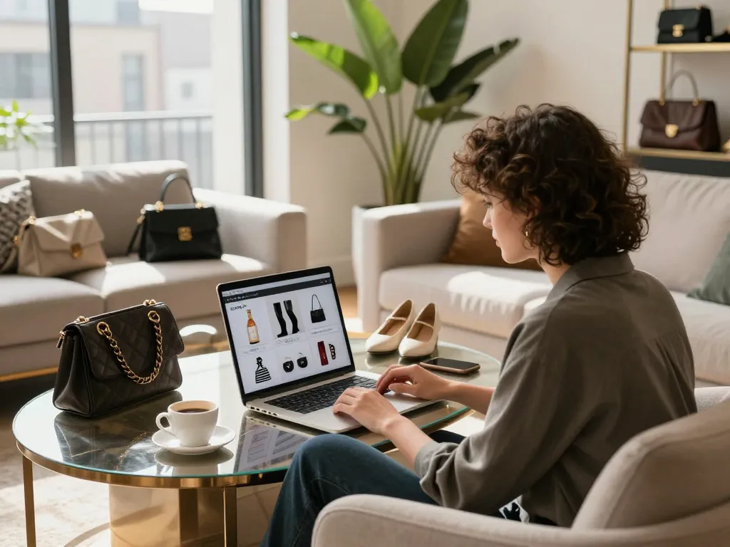 A stylish individual exploring a luxury 레플리카 쇼핑몰 online in a chic living room filled with trendy items and natural light.
