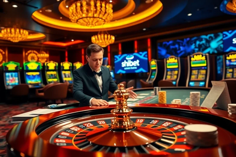 shbet logo displayed prominently in a luxurious casino environment with a game table and roulette wheel.