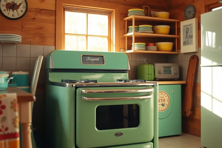 Retro Oven showcasing retro style amidst a cozy vintage kitchen with colorful cookware.