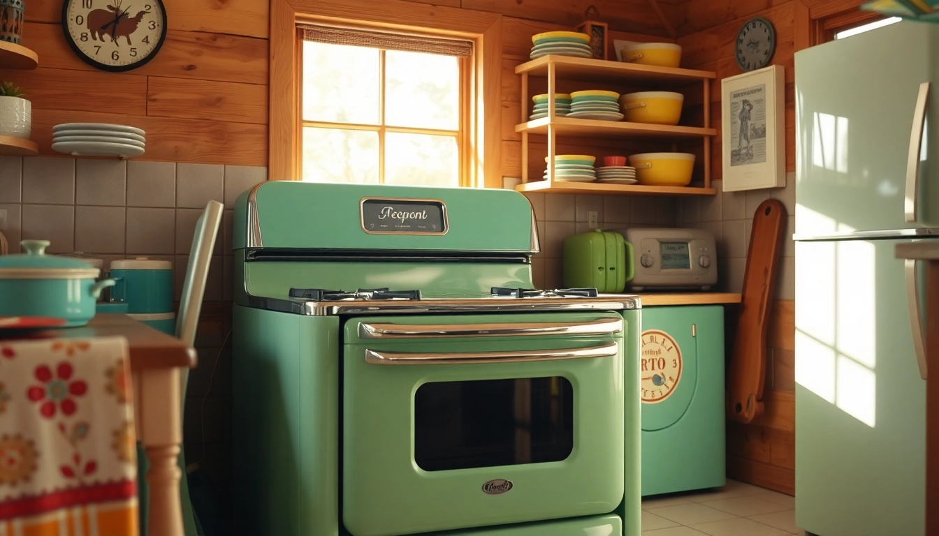 Retro Oven showcasing retro style amidst a cozy vintage kitchen with colorful cookware.