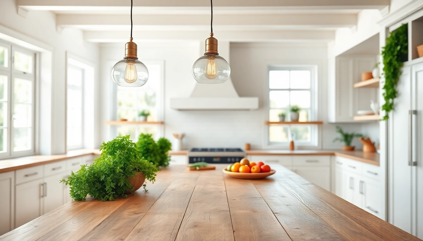 Stylish island light fixtures illuminating a cozy kitchen island with fresh herbs and fruits.
