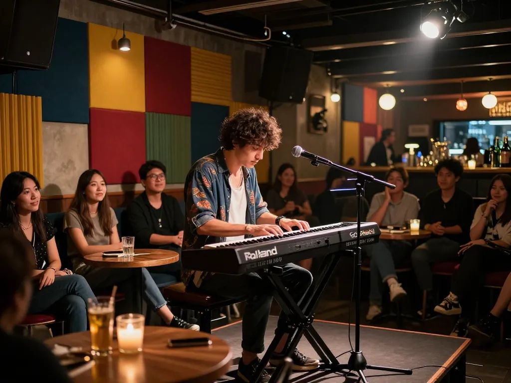 Experience the captivating sounds of a go 88 piano during a live jazz performance in a cozy venue.