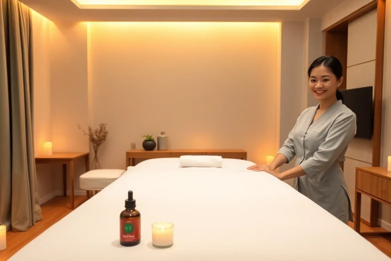 수원 출장마사지: 차분한 호텔 객실에서 휴식을 제공할 준비가 된 전문 치료사 모습.