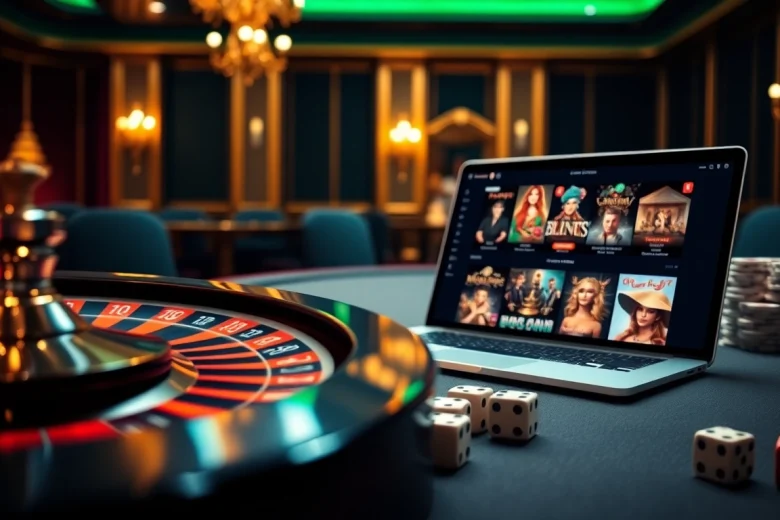 Interagissez avec un casino en ligne fiable tout en jouant à une table de roulette élégante avec des jetons et des dés.