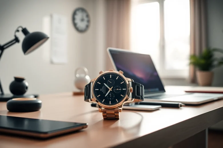 Engaging design of Finesse Smart Watch on a styled desk, under ambient lighting.
