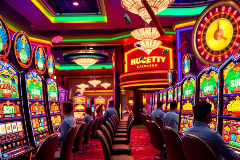 Playing exciting slot machines in a vibrant casino atmosphere filled with colorful lights.