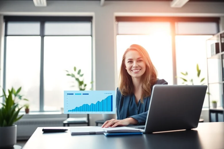 Obraz skoncentrowany na księgowości przedstawiający profesjonalną kobietę księgową w nowoczesnym biurze, demonstrującą ekspertyzę finansową.