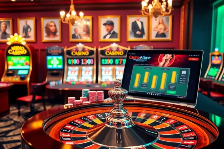 Scène de jeux d'argent en ligne captivante illustrant un casino en ligne fiable avec des jetons de poker élégants et des machines à sous.