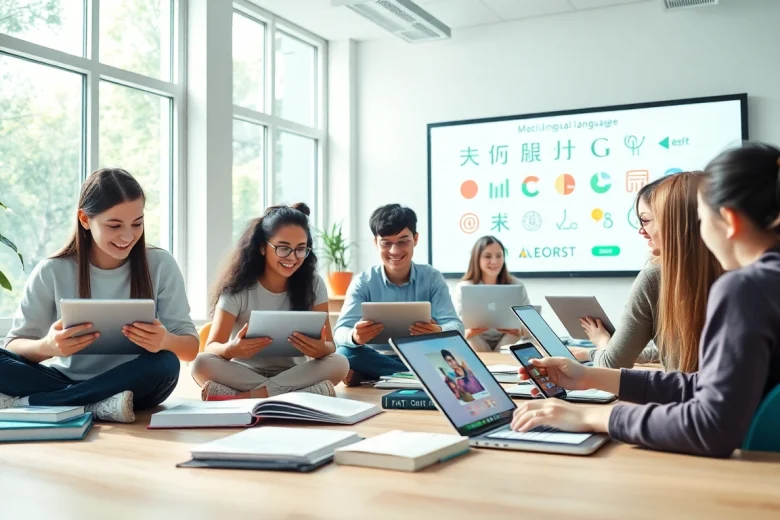 Youdao platform enhancing language learning in a modern classroom with diverse students.