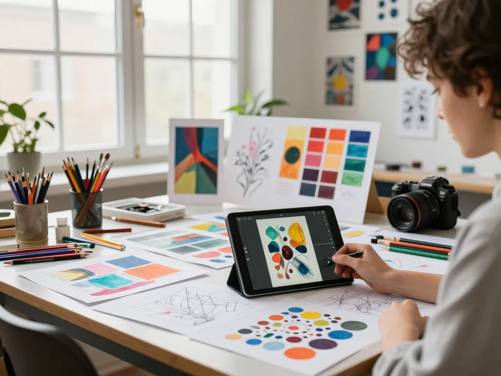 Generating image to prompt in a vibrant creative arts studio filled with sketches and tools