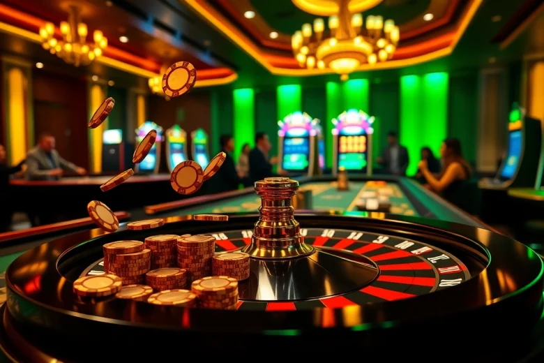 Scène passionnante de casino en ligne fiable avec des tables vibrantes, des jetons et une roulette.