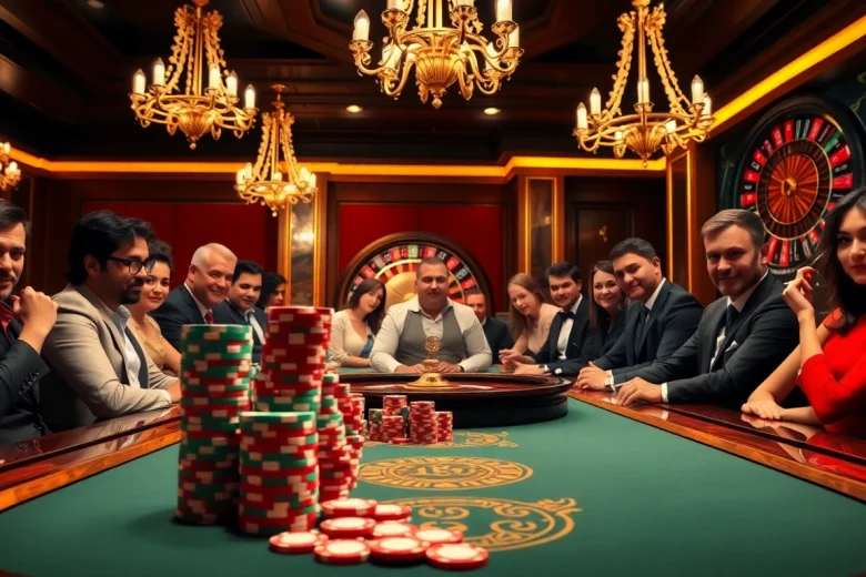 Une table de poker vibrante exemplifiant un casino en ligne fiable avec des joueurs concentrés et un gameplay excitant.
