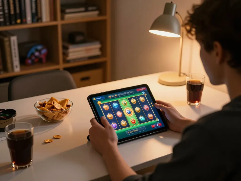 Engage in the thrilling slot mahjong experience on a tablet in a cozy gaming setup.