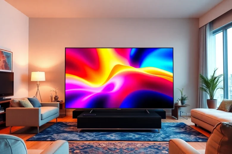 Przedstawiający telewizor 65 cali w nowoczesnym salonie z eleganckim wystrojem.