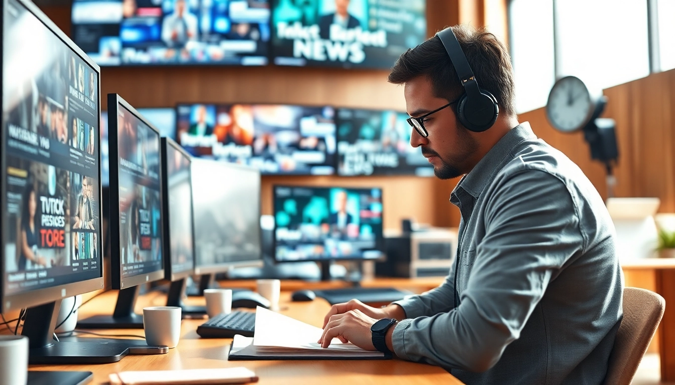 Capture the essence of news in a bustling newsroom with a focused journalist.