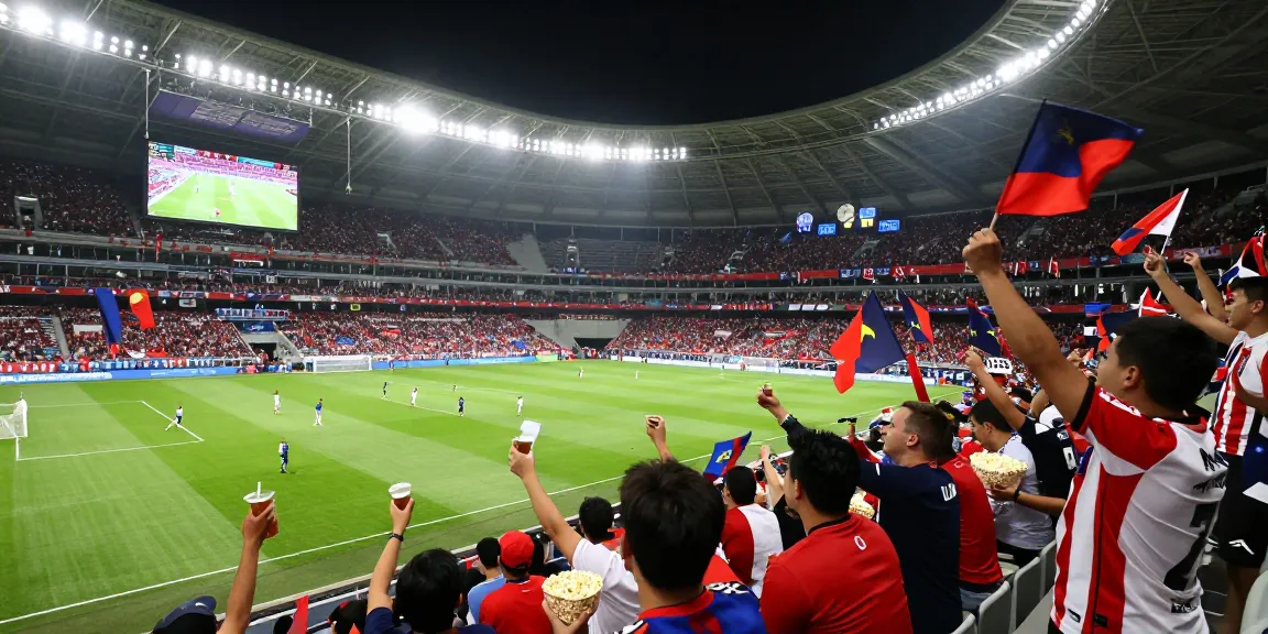 Exciting live koora match scene with fans cheering, players in action, and vibrant stadium atmosphere.