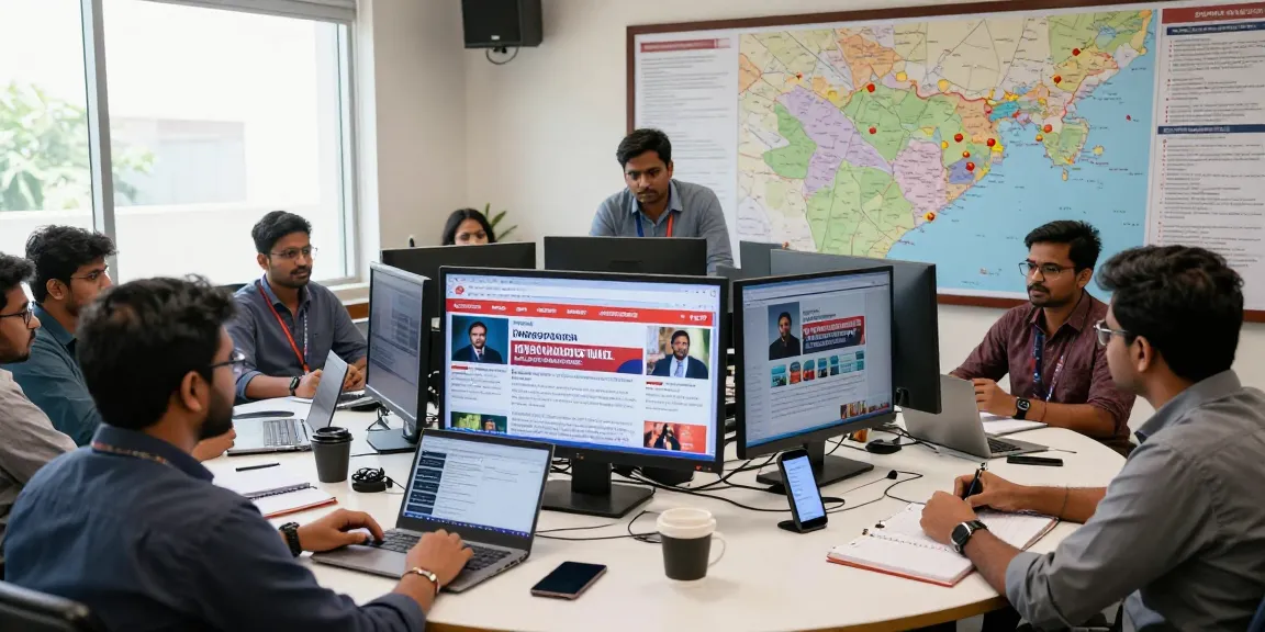 Journalist actively reporting at https://www.theindaily.com in a vibrant Indian newsroom.